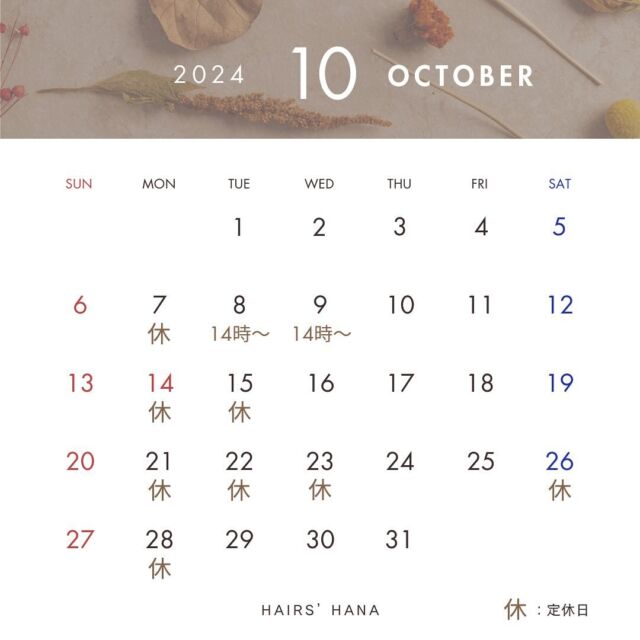 こんにちは！
藤井寺市、土師ノ里駅から徒歩2分🚶‍♀️
hairs’ haNaです🐈

10月の営業日のお知らせです📢🌰

ご予約はお電話からお待ちしております📞

#藤井寺美容院 #土師ノ里美容院 #藤井寺 #藤井寺市 #藤井寺市着付け #土師ノ里 #土師ノ里美容室 #着付け #女性スタイリスト #美容院 #美容室