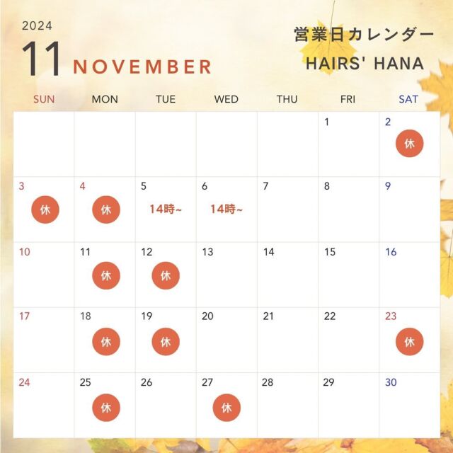 こんにちは！
藤井寺市、土師ノ里駅から徒歩2分🚶‍♀️
hairs’ haNaです🐈

11月の営業日のお知らせです📢🍂

ご予約はお電話からお待ちしております📞

先日の投稿に誤りがあったため、再度投稿させていただきました🙇‍♀️

#藤井寺美容院 #土師ノ里美容院 #藤井寺 #藤井寺市 #藤井寺市着付け #土師ノ里 #土師ノ里美容室 #着付け #女性スタイリスト #美容院 #美容室